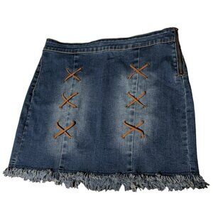 Y2K Lucky & Blessed Stretch Denim Western High Rise Mini Skirt Laces Frayed Hem